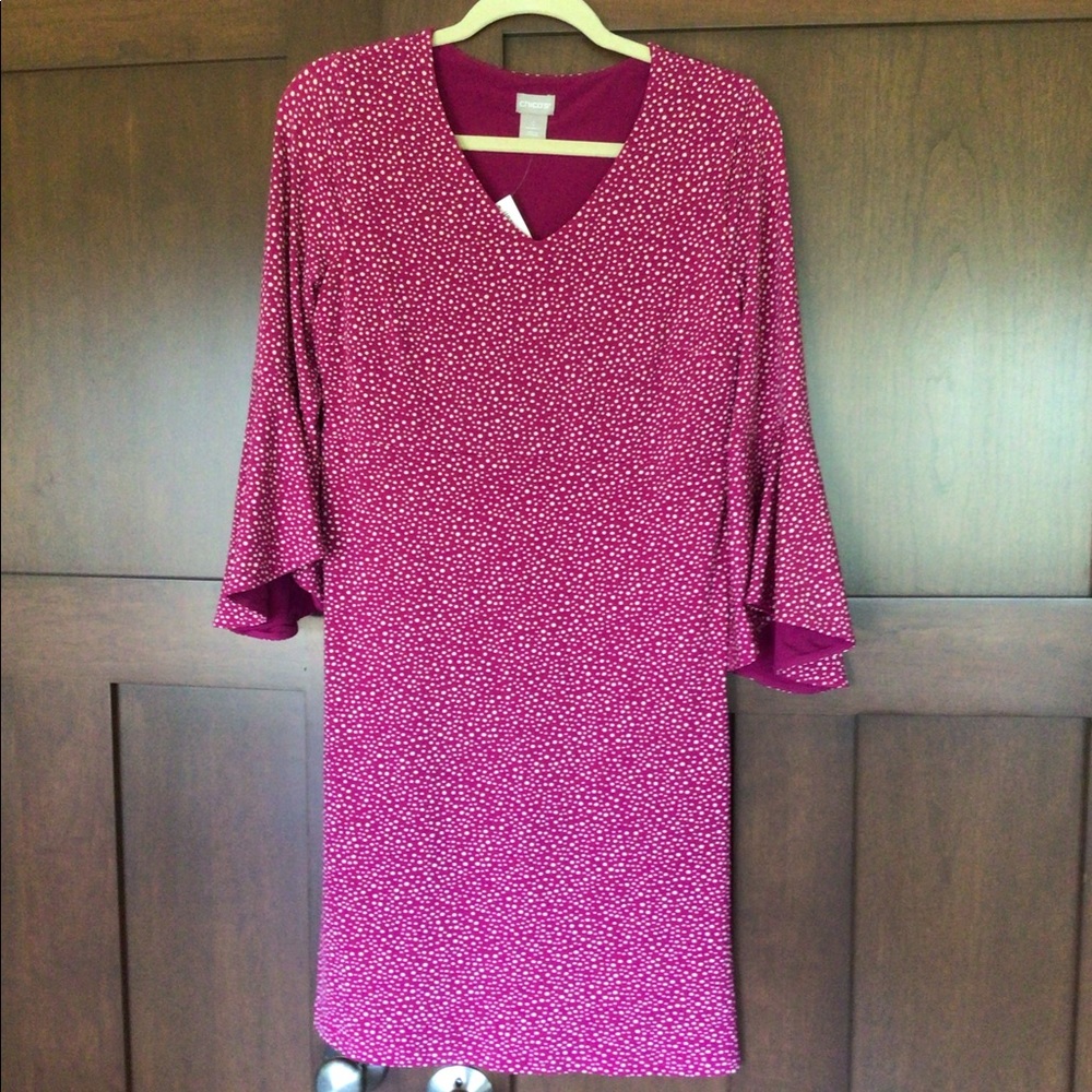 Chicos Raspberry dress, white dotted print, flutter sleeves. Soft silky fabric.